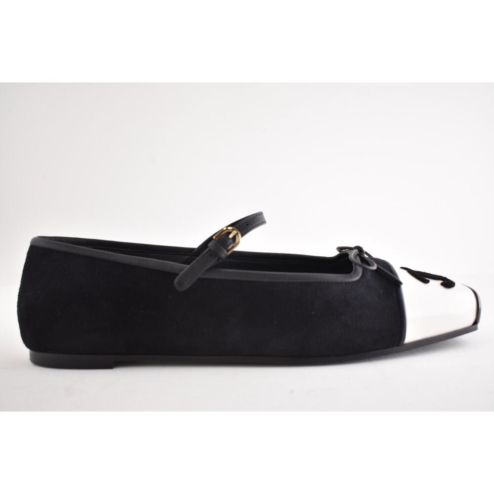 Chanel 26K Black Suede White CC Logo Mary Jane Strap Ballet Ballerina Flat 41 - Picture 2 of 16